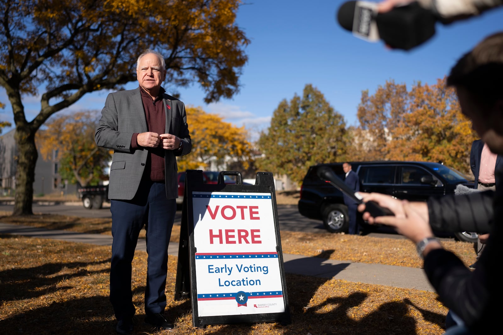 Minnesota Governor and Vice Presidential candidate Tim Walz speaks to the press after early voting at Ramsey County Elections in St. Paul, Minn., on Wednesday, October 23, 2024. (Renée Jones Schneider/Star Tribune via AP)