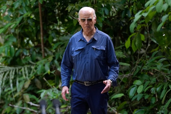 President Joe Biden walks to speak following a tour of the Museu da Amazonia, Sunday, Nov. 17, 2024, in Manaus, Brazil. (AP Photo/Manuel Balce Ceneta)