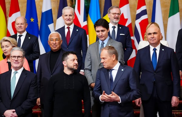 In a show of support, many European leaders gathered with Ukraine's President Volodymyr Zelenskyy (front center) at a meeting in London on Sunday.