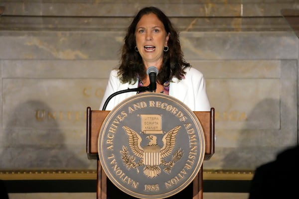 FILE - Archivist of the United States Colleen Shogan speaks after first lady Jill Biden at her swearing-In ceremony at the National Archives Sept. 11, 2023, in Washington. (AP Photo/Alex Brandon, File)