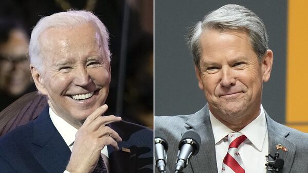 Democratic President Joe Biden, left, is running for reelection this year, and that could figure heavily in what happens during the General Assembly session that begins Monday. Gov. Brian Kemp, for example, is likely to frame his legislative agenda much as he did during his 2022 reelection campaign to attack Biden's policies. (Carolyn Kaster, Brynn Anderson / Associated Press)