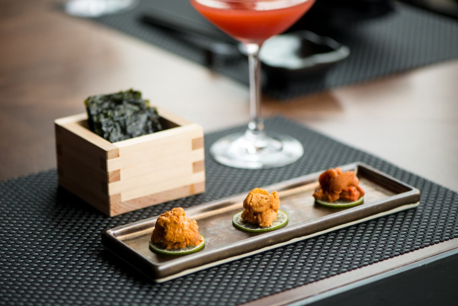 Tasting of Three Types of Uni with Green Tea Seaweed. Photo credit- Mia Yakel.