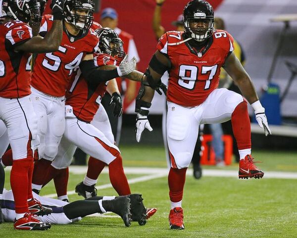 090315 ATLANTA: Falcons defensive tackle Grady Jarrett stomps his feet after making a big third down stop against the Ravens forcing a fieldgoal attempt in the redzone during the first quarter of their preseason game on Thursday, Sept. 3, 2015, in Atlanta. Curtis Compton / ccompton@ajc.com