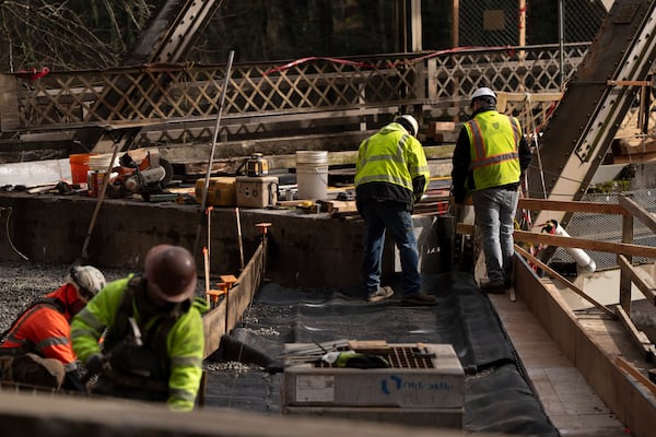 Construction continues on Stark Street Bridge on Thursday, Feb. 6, 2025, in Troutdale, Ore. (AP Photo/Jenny Kane)