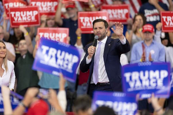 Republican vice presidential nominee Sen. JD Vance, R-Ohio, speaks at a campaign event in Monroe, N.C., Friday, Oct. 25, 2024. (AP Photo/Nell Redmond)