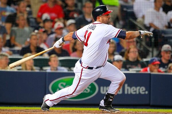 Atlanta Braves Gerald Laird hits into a double play which scored Chris Johnson in the seventh inning of a baseball game against the Philadelphia Phillies Tuesday, June 17, 2014, in Atlanta. (AP Photo/Todd Kirkland) Gerald Laird produces a run -- by hitting into a DP. (Todd Kirkland/AP)