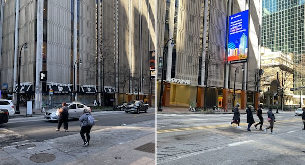 Pedestrians cross Peachtree Street on Monday after a faded crosswalk was removed. Councilman Jason Dozier called this ‘a desire path’ because people naturally cross there. He said he and other council members will urge the city to make the crossing safer. AJC photos