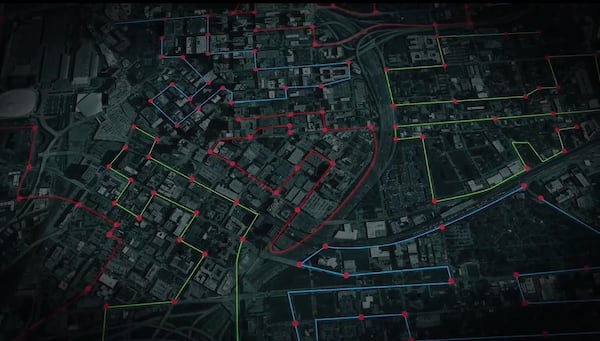 A map from the movie "2000 Mules" shows cellphone signals in downtown Atlanta, but most of these paths don't intersect with drop boxes or indicate ballot harvesting.