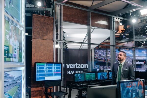 Fox Sports rules analyst Dean Blandino working in studio during recent games. (Photo courtesy Lily Hernandez/FOX Sports.)