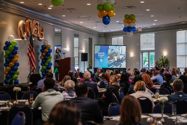 Lisa Cupid, Chairwoman of the Cobb County Board of Commissioners, delivers the Cobb County State of the County address at the Cobb Galleria Center on Thursday, May 16, 2024, in Atlanta. (Elijah Nouvelage for The Atlanta Journal-Constitution)