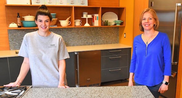 Nealey Thompson (left), Cook’s Warehouse’s cooking school director, and Cook’s Warehouse founder and CEO Mary Moore have plenty of advice for making sheet-pan meals. Here, they are standing apart for social distancing purposes. CONTRIBUTED BY CHRIS HUNT PHOTOGRAPHY