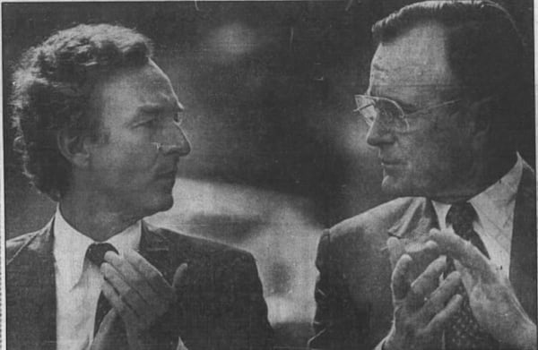 Former U.S. Sen. Wyche Fowler (a U.S. representative at the time), left, with then Vice President George Bush at a July 1982 building dedication ceremony at Morehouse School of Medicine. Atlanta Constitution archive photo: Cheryl Bray