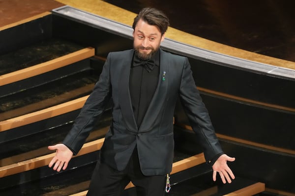 Kieran Culkin accepts the award for best performance by an actor in a supporting role for "A Real Pain" during the Oscars on Sunday, March 2, 2025, at the Dolby Theatre in Los Angeles. (AP Photo/Chris Pizzello)