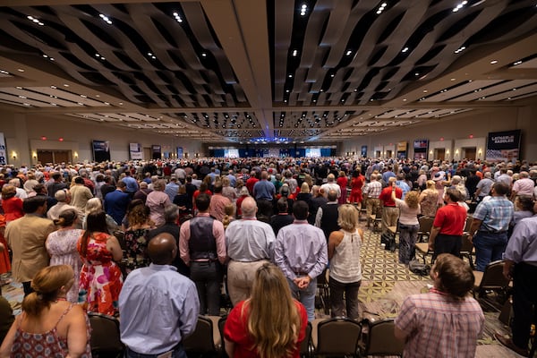 Attendees at the 2021 state GOP convention in Jekyll Island booed Gov. Brian Kemp over his refusal to help Donald Trump overturn the results of the 2020 presidential election. Kemp is skipping this year's meeting in Columbus and is promoting his political machine as a more effective alternative to the state party for supporting Republican candidates. Nathan Posner for the Atlanta-Journal-Constitution