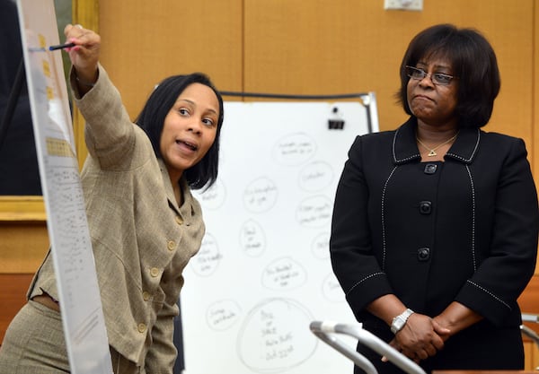 Then-Fulton County Chief Senior Assistant District Attorney Fani Willis questions former Atlanta Public Schools general counsel Veleter Mazcyk during the APS cheating case. 