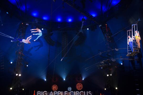 The Flying Tunizianis troupe entertains the crowd during a recent Sunday afternoon performance of the Big Apple Circus in Alpharetta. STEVE SCHAEFER / SPECIAL TO THE AJC