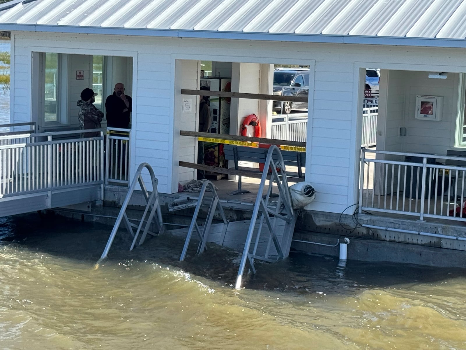 A portion of the gangway which collapsed Saturday afternoon remains visible on Sapelo Island in McIntosh County, Ga., on Sunday, Oct. 20, 2024. (Lewis Levine/AP)