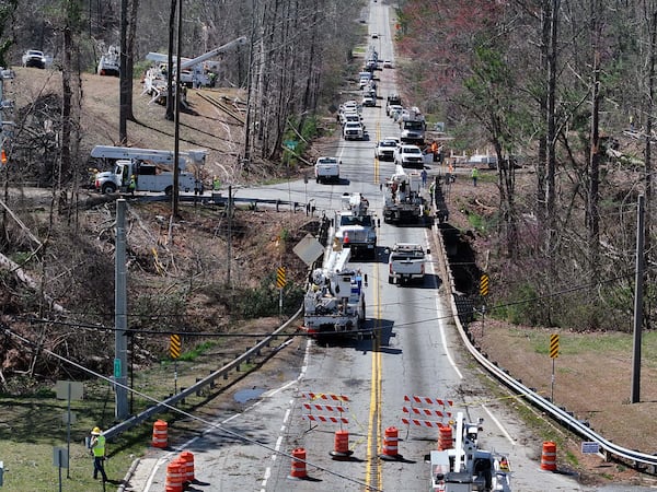 Aerial photo shows the aftermath of a storm in Dallas, Sunday, March 16, 2025. National Weather Service teams will be conducting a damage survey in the Paulding County/Dallas area, which sustained “pretty significant” damage from the storms, NWS Senior Meteorologist Dylan Lusk told The Atlanta Journal-Constitution on Sunday morning. (Hyosub Shin / AJC)