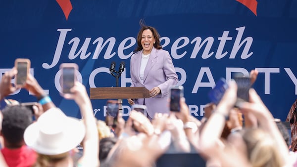 Vice President Kamala Harris speaks to a crowd of supporters during a Juneteenth Block Party in Atlanta on Tuesday, June 18, 2024. (Natrice Miller/ AJC)