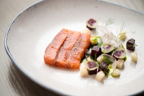 Aix Salmon Mi Cuit with beets, apples, and tarragon creme fraiche. Photo credit- Mia Yakel.