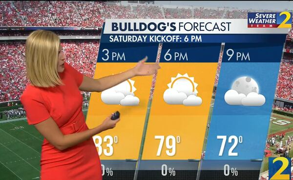 Temperatures in the low 80s are predicted at kickoff time Saturday for the University of Georgia's season opener at Sanford Stadium. By 9 p.m., temperatures should drop back to the low 70s.