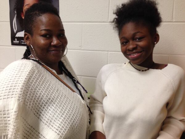 La Toya Patterson, left, pose with her daughter Jemariya during a recent visit at Stockbridge High School. Jemariya has been nominated for a Communities in School Champion Award. Photo by Gracie Bonds Staples