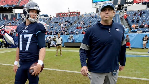 Tennessee Titans quarterback Ryan Tannehill (17) talks with offensive coordinator Arthur Smith before a game against the Tampa Bay Buccaneers Sunday, Oct. 27, 2019, in Nashville, Tenn. (Mark Zaleski/AP)