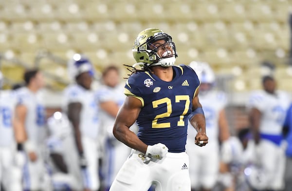 Georgia Tech's running back Jordan Mason (27) reacts during the first half of an NCAA college football game at Georgia Tech's Bobby Dodd Stadium in Atlanta on Saturday, November 28, 2020. (Hyosub Shin / Hyosub.Shin@ajc.com)