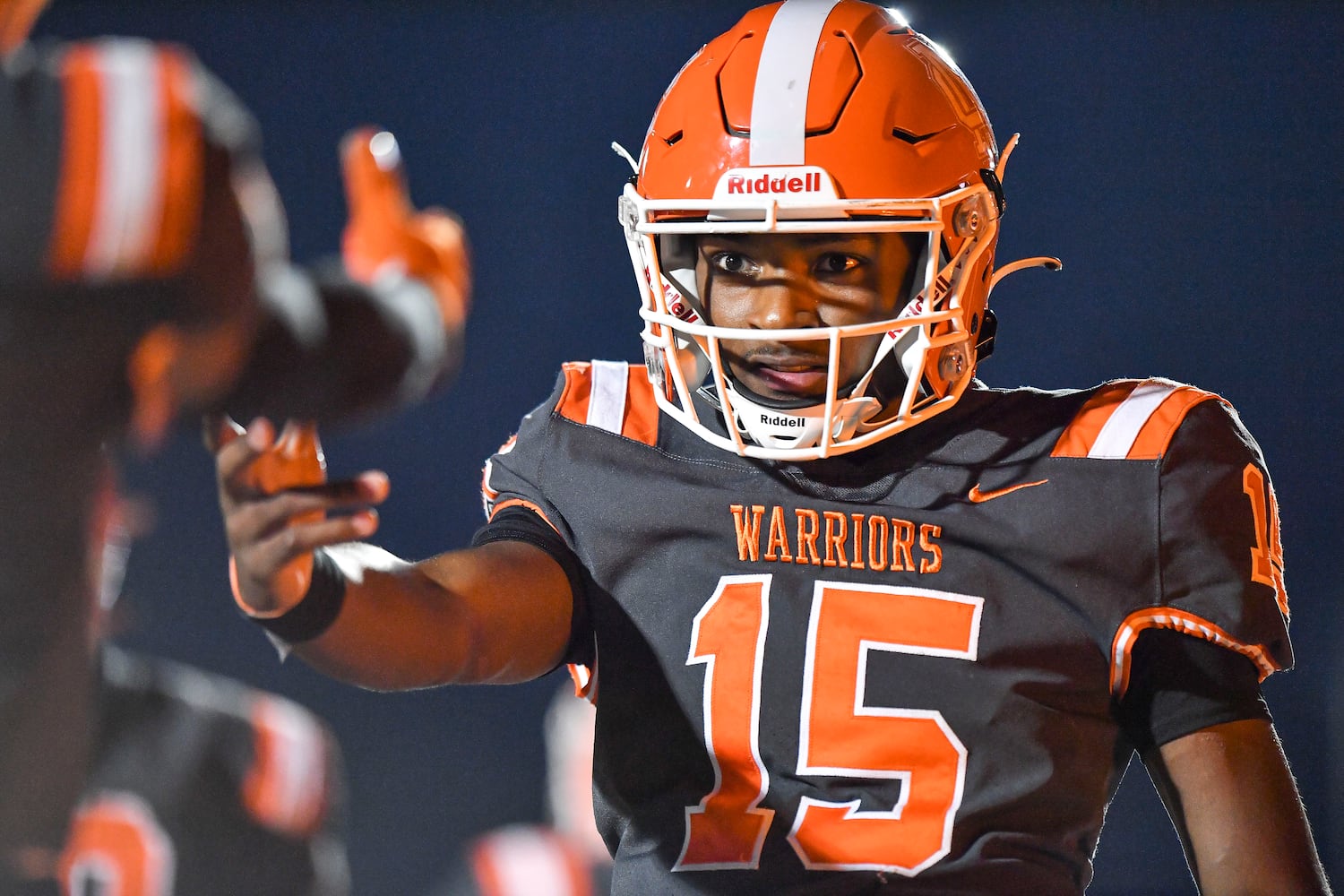 North Cobb’s quarterback Nick Grimstead (15) celebrates his touchdown during the first half of play Friday, Nov. 10, 2023 at North Cobb High School. (Daniel Varnado/For the AJC)