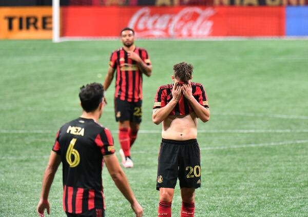 Atlanta United's midfielder Emerson Hyndman (20) reacts at the end of 2-1 loss to D.C. United Saturday, Oct. 24, 2020, at Mercedes-Benz Stadium in Atlanta. (Hyosub Shin / Hyosub.Shin@ajc.com)