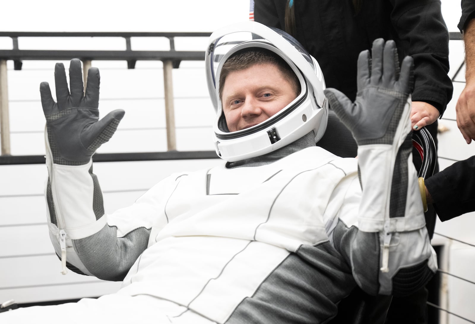 This photo provided by NASA shows Roscosmos cosmonaut Alexander Grebenkin being helped out of the SpaceX Dragon Endeavour spacecraft onboard the SpaceX recovery ship MEGAN after he, NASA astronauts Matthew Dominick, Michael Barratt, and Jeanette Epps landed, in the Gulf of Mexico off the coast of Pensacola, Florida, Friday, Oct. 25, 2024. (NASA/Joel Kowsky via AP)