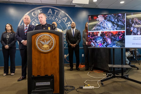 Atlanta Police Chief Darin Schierbaum speaks during an press conference at the Atlanta Police Department Headquarters in Atlanta on Thursday, December 14, 2023. Authorities are offering a $200,000 reward for information leading to the arrest of arsonists linked to training center protests. (Arvin Temkar / arvin.temkar@ajc.com)