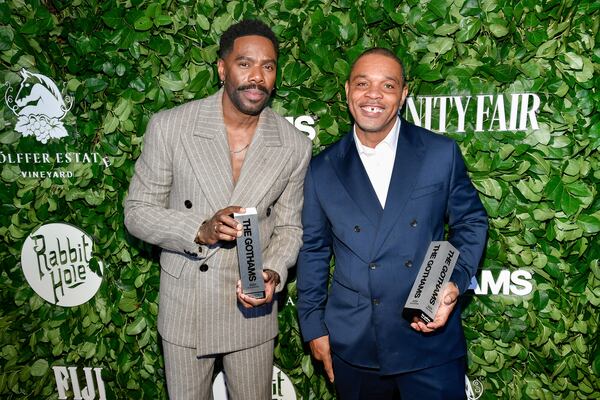 Colman Domingo, left, and Clarence Maclin pose with their social justice tribute awards for "Sing Sing" during The Gothams Film Awards at Cipriani Wall Street on Monday, Dec. 2, 2024, in New York. (Photo by Evan Agostini/Invision/AP)