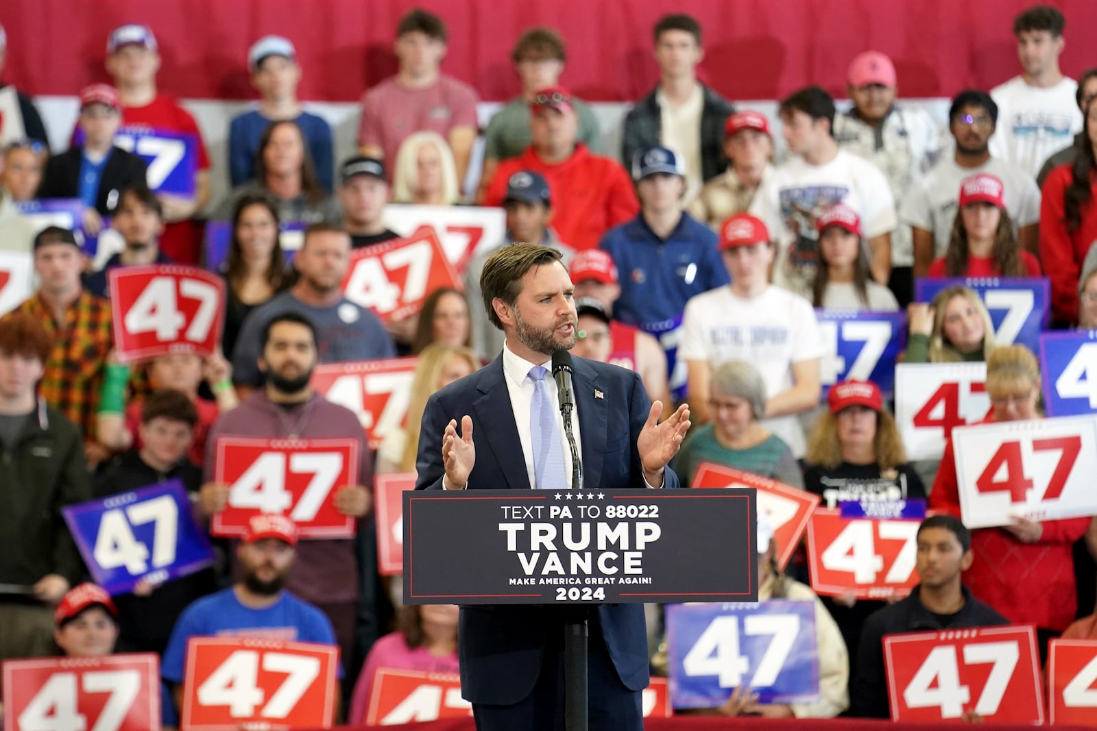 Republican vice presidential nominee Sen. JD Vance, R-Ohio, speaks at a campaign event at Penn State Behrend Erie Hall, Saturday, Oct. 26, 2024, in Erie, Pa. (AP Photo/Matt Freed)