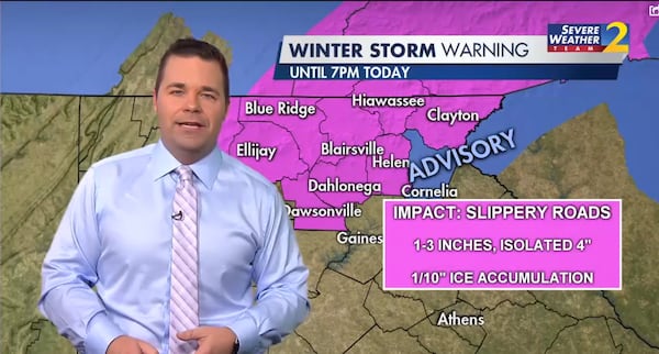 A winter storm warning is in effect for several mountain counties in northeast Georgia until 7 p.m. Friday. Periods of snow will result in 1 to 3 inches of accumulation, according to the National Weather Service.