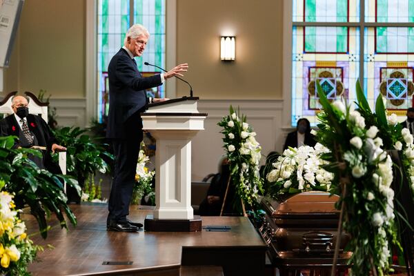 Former President Bill Clinton speaks during funeral services for Henry "Hank" Aaron, longtime Atlanta Braves player and Hall of Famer, on Wednesday, Jan. 27, 2021 at Friendship Baptist Church in Atlanta. Photo by Kevin D. Liles/Atlanta Braves