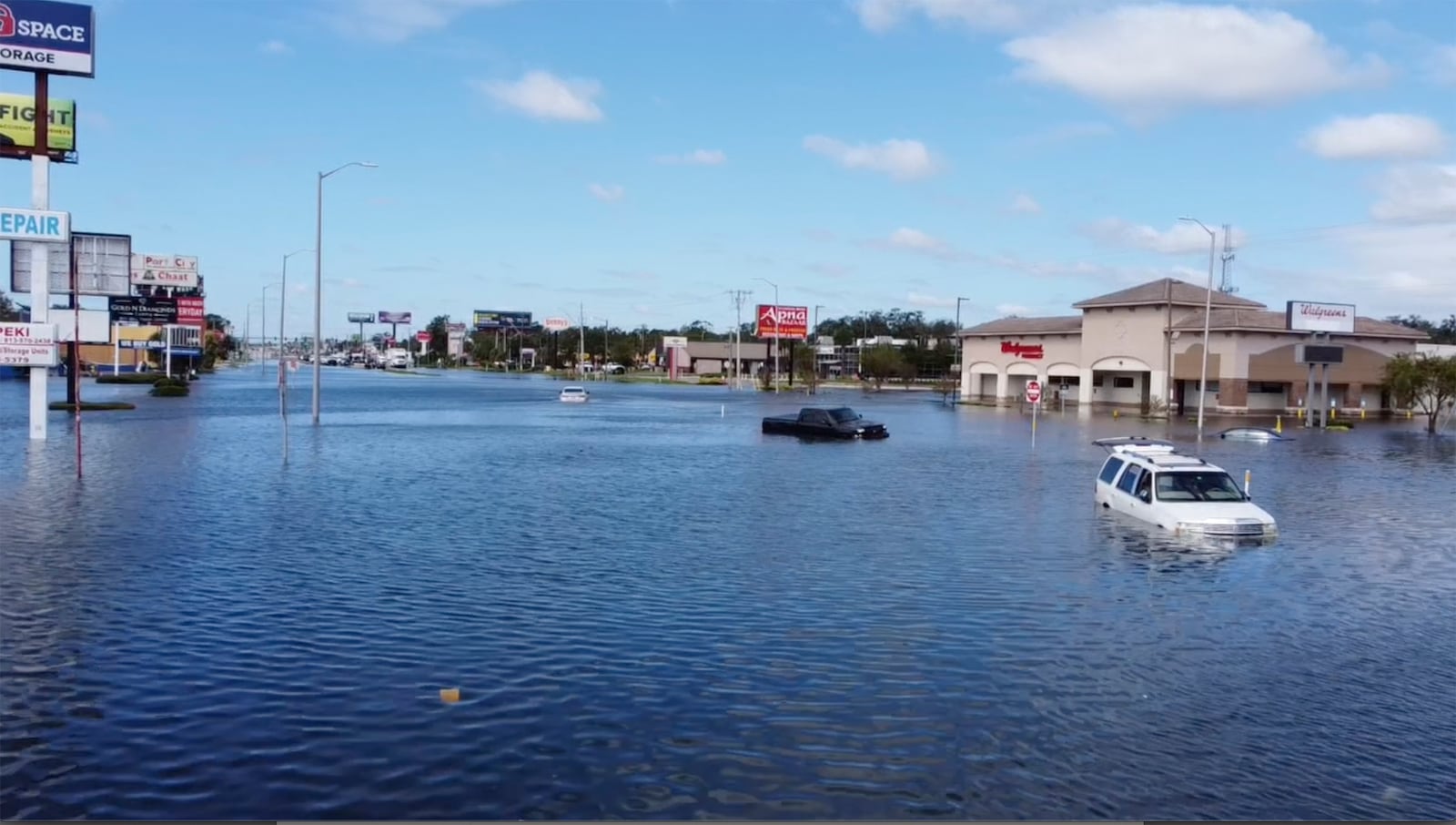 This drone image provided by Kairat Kassymbekov shows flooding from Hurricane Milton in Tampa, Fla., Thursday, Oct. 10, 2024. (Kairat Kassymbekov via AP)