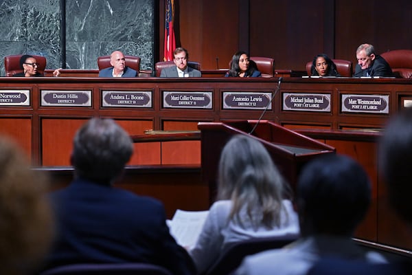 Chair woman Leah Ward Sears (left) confers with other task force members during the first meeting of a task force established to review the inspector general's authority at Atlanta City Hall, Tuesday, September 24, 2024, in Atlanta. The task force established to review the procedures of the Office of the Inspector General and Ethics Office met for the first time Tuesday. (Hyosub Shin / AJC)