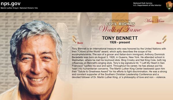 From a web page about Tony Bennett on the the International Civil Rights Walk of Fame (NPS.gov)