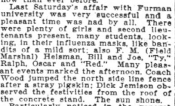 A copy of a story in the Oct. 16, 1918 edition of the Atlanta Constitution about the Georgia Tech football team. It noted fans at the Oct. 12 Furman game wearing "influenza masks, like bandits of a mild sort." (Newspapers.com)