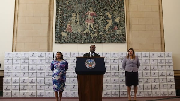 Then-Atlanta Mayor Kasim Reed addresses the media before releasing 1.4 million documents pertaining to the federal corruption investigation of City Hall in February 2017. (HENRY TAYLOR / HENRY.TAYLOR@AJC.COM)