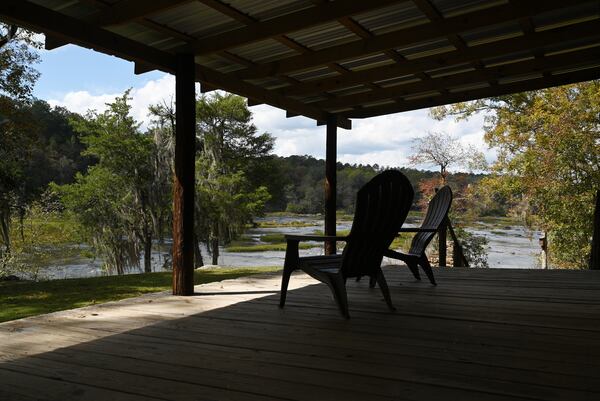 View of Yellow Jacket Shoals in the Flint River from a private property, Thursday, October 19, 2023, in Thomaston. The area is known for an uncommon species of shoal bass prized by anglers as a strong fighter. (Hyosub Shin / Hyosub.Shin@ajc.com)