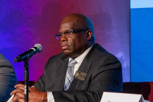 Dwayne Fabian, a candidate for Clayton County Sheriff attends a debate at Tabernacle of Praise Church International in Jonesboro on Tuesday, Jan 31, 2023. (Jenni Girtman for Atlanta Journal-Constitution)