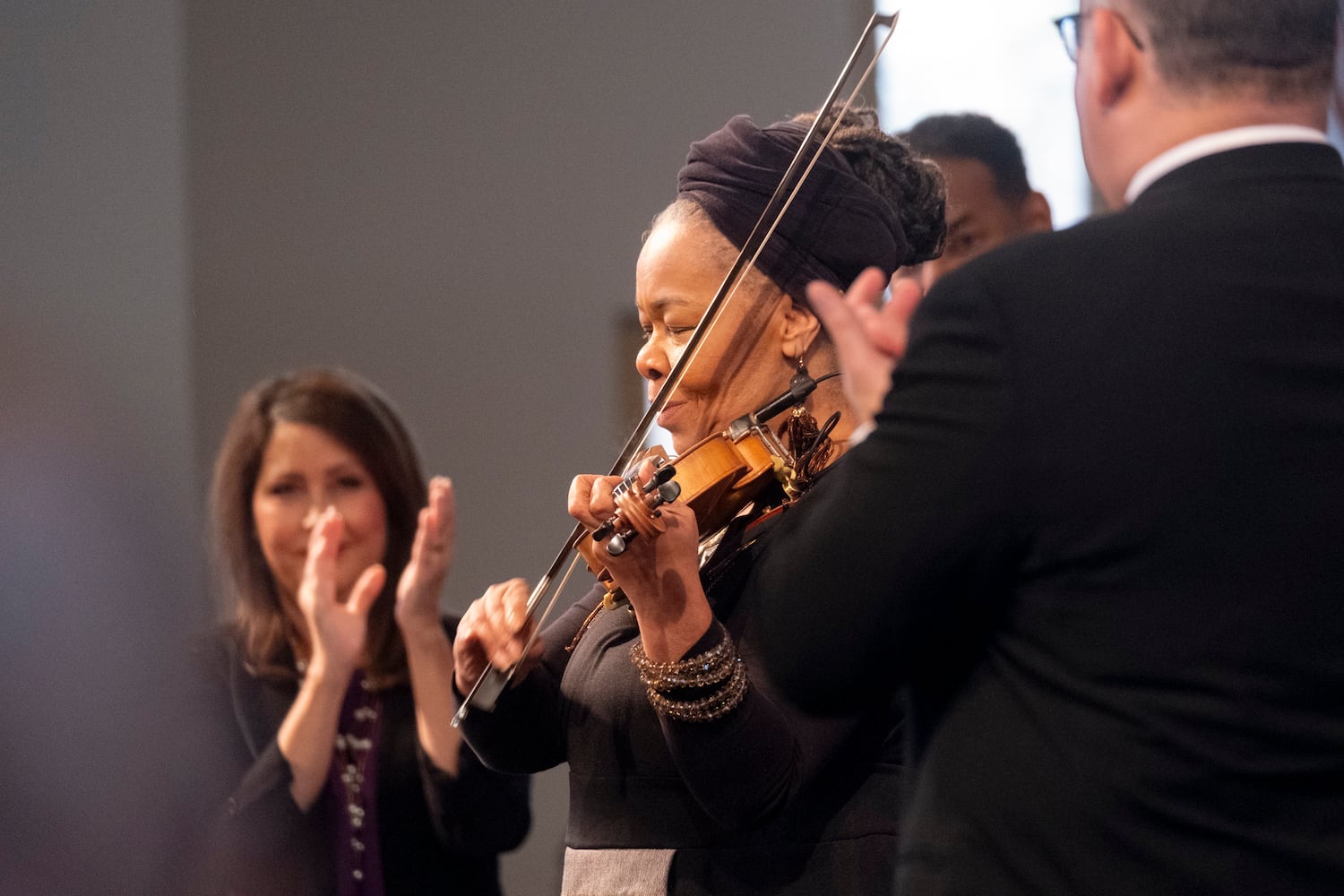 Karen Briggs plays “Lift Every Voice and Sing” during the Dr. Martin Luther King Jr. Day program at Ebenezer Baptist Church in Atlanta on Monday, Jan. 15, 2024.   (Ben Gray / Ben@BenGray.com)