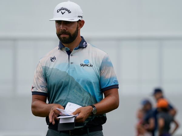 Erik Van Rooyen, of South Africa, walks up to the third tee in the third round at the Northern Trust golf tournament, Saturday, Aug. 21, 2021, at Liberty National Golf Course in Jersey City, N.J. (John Minchillo/AP)