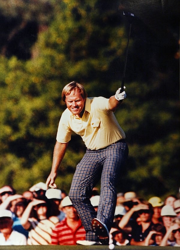 Assume the pose: Jack Nicklaus drops a birdie putt on No. 17 to propel him to the 1986 Masters title. (DAVID TULIS/United Press International) FILE