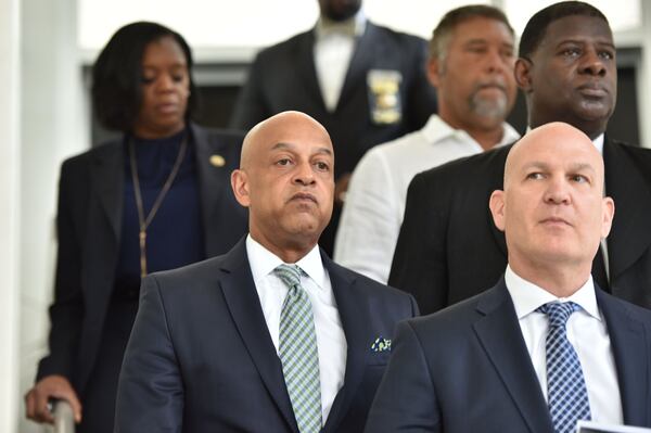 DeKalb County Sheriff Jeff Mann stands next to his lawyer Noah Pines during a press conference at the DeKalb County Sheriff’s Office on Friday, May 12, 2017. HYOSUB SHIN / HSHIN@AJC.COM