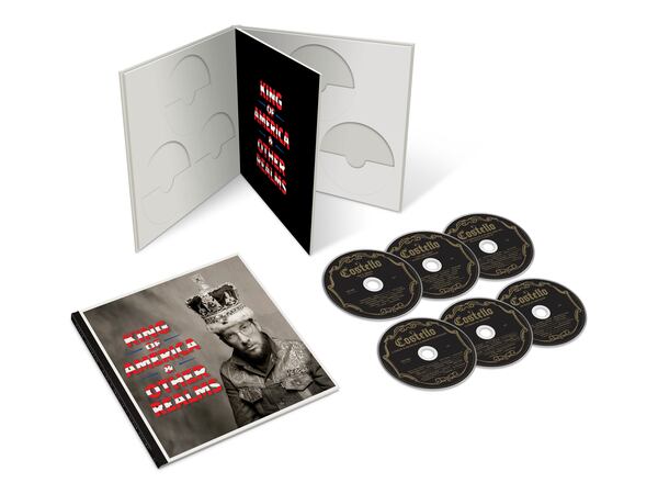 This product image released by Universal Music Group shows the six-disc box set, “King Of America & Other Realms,” by Elvis Costello. (UMG via AP)