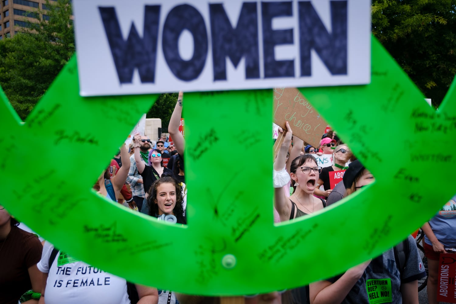 Abortion rights activists rally at the Georgia Capitol on Friday, June 24, 2022. The protest follows the Supreme Court’s overturning of Roe v Wade. (Arvin Temkar / arvin.temkar@ajc.com)