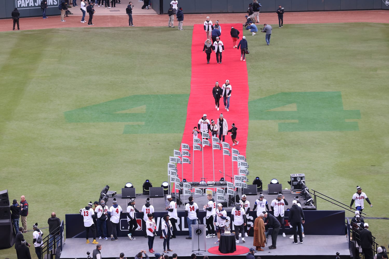 The ceremony began with the players marching down the red carpet, where the entire team celebrated the 2021 World Series Championship with their fans at Truist Park on Friday, November 5, 2021.
Miguel Martinez for The Atlanta Journal-Constitution